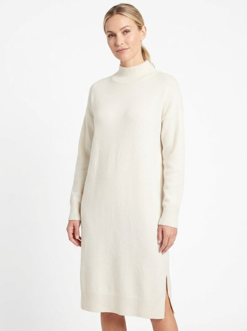 H&M Wool Blend Cream Mock Neck Midi Knit Ribbed Dress Women Size L